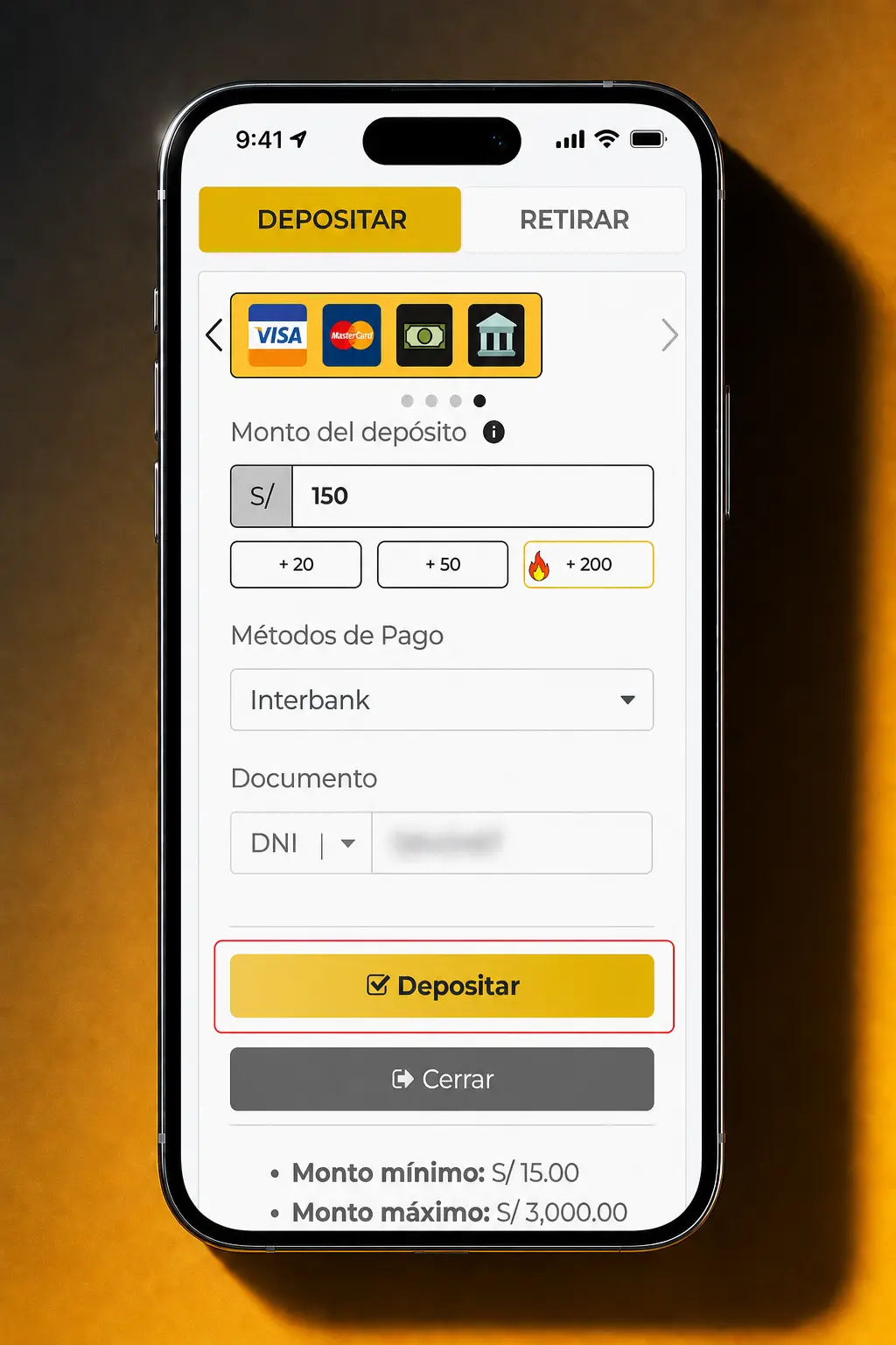 Pasos para depositar dinero en la app de Micasino usando billetera y métodos como Monnet o PayPhone.